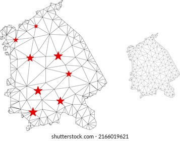 Polygonal mesh Pavlodar Region map with red star centers. Abstract net connected lines and stars form Pavlodar Region map. Vector wireframe flat polygonal network in black and red colors.