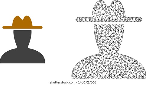 Polygonal mesh peasant persona and flat icon are isolated on a white background. Abstract black mesh lines, triangles and nodes forms peasant persona icon.