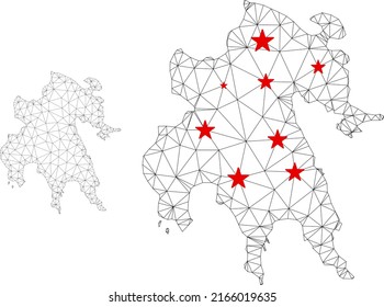 Mapa de la península del Peloponeso de malla poligonal con centros de estrellas rojas. Resumen de líneas conectadas en red y estrellas del mapa de la península del Peloponeso.