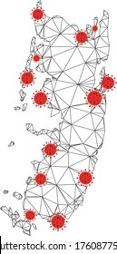 Polygonal mesh Pemba island map with coronavirus centers. Abstract network connected lines and flu viruses form Pemba island map. Vector wireframe 2D polygonal network in black and red colors.