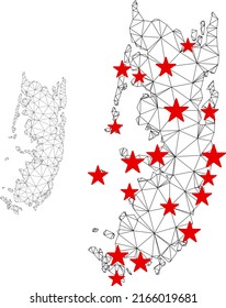 Polygonal mesh Pemba island map with red star centers. Abstract mesh connected lines and stars form Pemba island map. Vector wireframe 2D polygonal network in black and red colors.