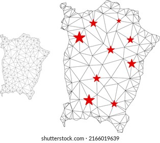 Polygonal mesh Penang Island map with red star centers. Abstract mesh connected lines and stars form Penang Island map. Vector wireframe 2D polygonal network in black and red colors.