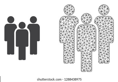 Polygonal mesh people and flat icon are isolated on a white background. Abstract black mesh lines, triangles and nodes forms people icon.