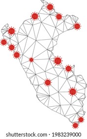 Polygonal mesh Peru map with coronavirus centers. Abstract network connected lines and flu viruses form Peru map. Vector wireframe 2D polygonal network in black and red colors.