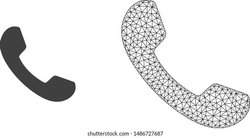 Polygonal mesh phone and flat icon are isolated on a white background. Abstract black mesh lines, triangles and nodes forms phone icon.