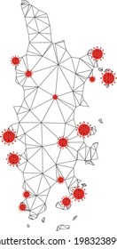 Polygonal Mesh Phuket Karte mit Coronavirus Zentren. Abstrakte vernetzte Linien und covid-2019 Viren bilden die Phuket-Karte. Vektor Wireframe flaches polygonal Netzwerk in Schwarz-Rot-Farben.