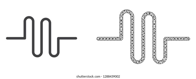 Polygonal mesh pipeline and flat icon are isolated on a white background. Abstract black mesh lines, triangles and nodes forms pipeline icon.
