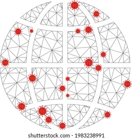 Polygonal vernetzter Planet-Globus mit Coronavirus-Zentren. Abstrakte Netzwerk-Verbindungsleitungen und covid-2019-Viren bilden die Erde. Vektor Wireframe flaches polygonal Netzwerk in Schwarz-Rot-Farben.