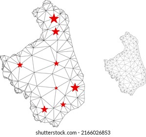 Polygonal mesh Podlaskie Voivodeship map with red star centers. Abstract network connected lines and stars form Podlaskie Voivodeship map.