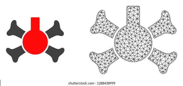 Polygonal mesh poison flask and flat icon are isolated on a white background. Abstract black mesh lines, triangles and nodes forms poison flask icon.