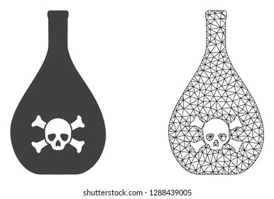 Polygonal mesh poison jug and flat icon are isolated on a white background. Abstract black mesh lines, triangles and nodes forms poison jug icon.