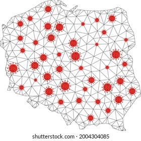 Polygonal mesh Poland map with coronavirus centers. Abstract mesh lines, triangles and covid viruses on Poland map. Vector wireframe 2D polygonal network in black and red colors.