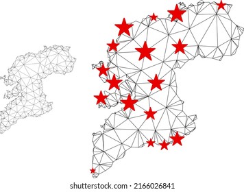 Polygonal mesh Pontevedra Province map with red star centers. Abstract network connected lines and stars form Pontevedra Province map. Vector wireframe 2D polygonal network in black and red colors.