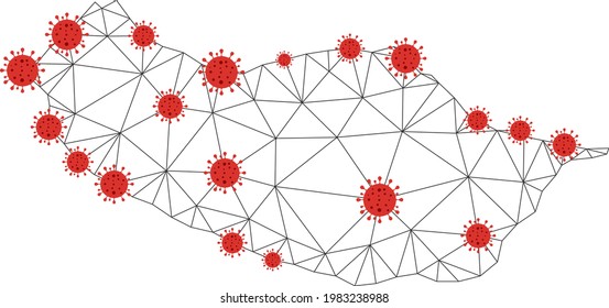 Polygonal mesh Portugal Madeira Island map with coronavirus centers. Abstract net connected lines and flu viruses form Portugal Madeira Island map.