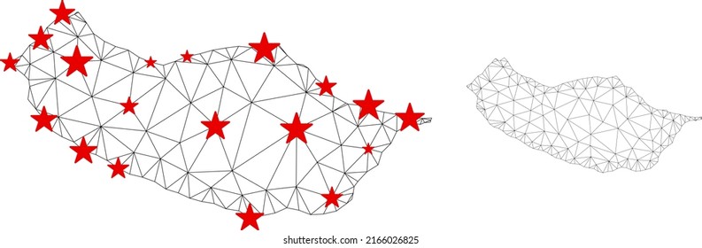 Polygonal mesh Portugal Madeira Island map with red star centers. Abstract network connected lines and stars form Portugal Madeira Island map.