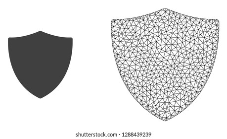 Polygonal mesh protection shiled and flat icon are isolated on a white background. Abstract black mesh lines, triangles and dots forms protection shiled icon.