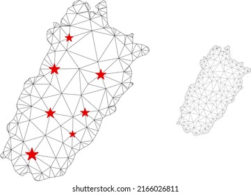 Polygonal mesh Punjab Province map with red star centers. Abstract network connected lines and stars form Punjab Province map. Vector wireframe 2D polygonal network in black and red colors.