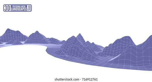 Polygonal mesh purple abstract background with a mountain wavy landscape on a white background