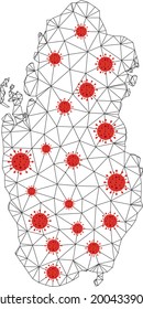 Mapa de Qatar de malla poligonal con centros de coronavirus. Resumen de líneas netas, triángulos y virus codificados en el mapa de Qatar. Red poligonal 2D del marco de cables vectores en colores negro y rojo.