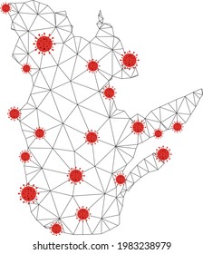 Polygonal mesh Quebec Province map with coronavirus centers. Abstract network connected lines and covid viruses form Quebec Province map. Vector wireframe 2D polygonal network in black and red colors.