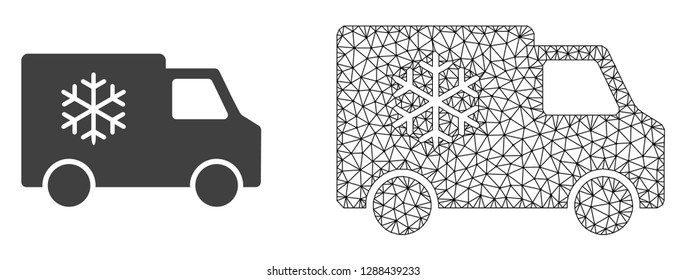 Polygonal mesh refrigerator car and flat icon are isolated on a white background. Abstract black mesh lines, triangles and dots forms refrigerator car icon.