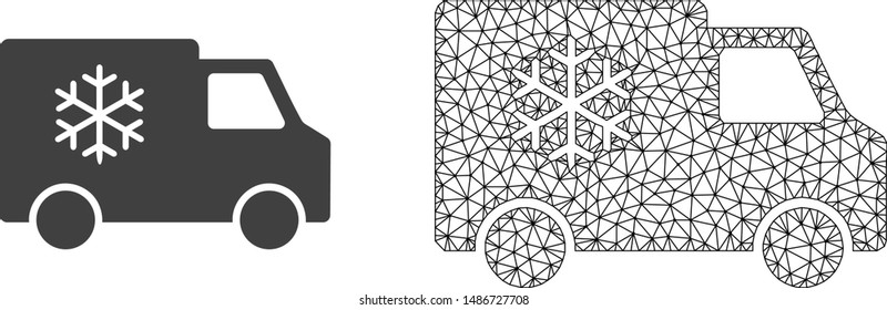 Polygonal mesh refrigerator car and flat icon are isolated on a white background. Abstract black mesh lines, triangles and dots forms refrigerator car icon.