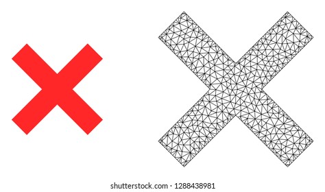 Polygonal mesh reject cross and flat icon are isolated on a white background. Abstract black mesh lines, triangles and nodes forms reject cross icon.