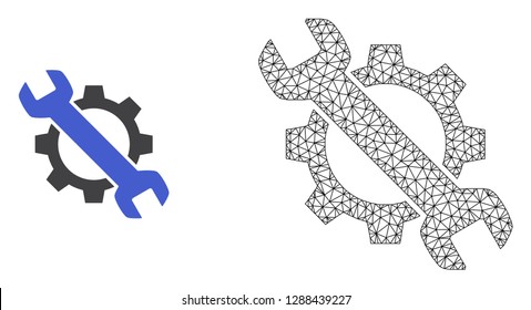 Polygonal mesh repair and flat icon are isolated on a white background. Abstract black mesh lines, triangles and dots forms repair icon.