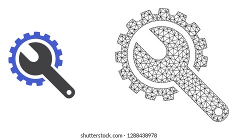 Polygonal mesh repair tools and flat icon are isolated on a white background. Abstract black mesh lines, triangles and nodes forms repair tools icon.