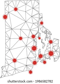Polygonal mesh Rhode Island State map with coronavirus centers. Abstract mesh connected lines and covid- 2019 viruses on Rhode Island State map.
