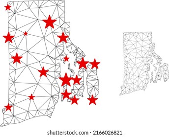 Mapa poligonal del estado de la Isla Rhode con centros de estrellas rojas. Resumen de las líneas y estrellas conectadas en malla del mapa del estado de Rhode Island. Red poligonal 2D del marco de cables vectores en colores negro y rojo.