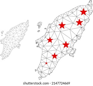 Mapa de la Isla de las Rodas de malla poligonal con centros de estrellas rojas. Resumen de líneas conectadas en red y estrellas del mapa de la isla Rhodes. Red poligonal 2D del marco de cables vectores en colores negro y rojo.