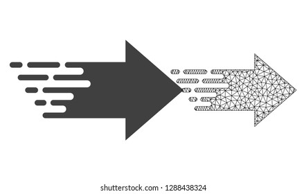 Polygonal mesh right arrow and flat icon are isolated on a white background. Abstract black mesh lines, triangles and dots forms right arrow icon.