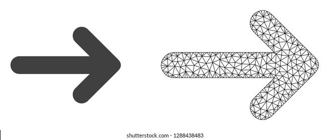 Polygonal mesh right arrow and flat icon are isolated on a white background. Abstract black mesh lines, triangles and nodes forms right arrow icon.