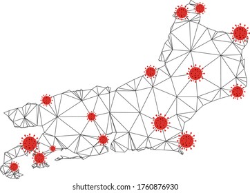 Polygonal mesh Rio de Janeiro State map with coronavirus centers. Abstract mesh connected lines and flu viruses form Rio de Janeiro State map.