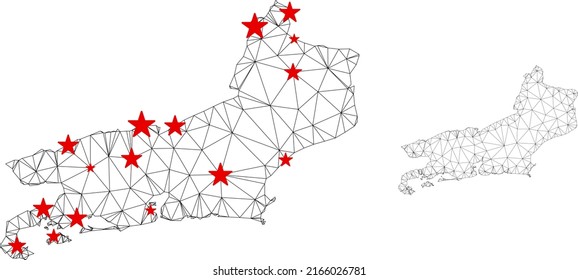 Polygonal mesh Rio de Janeiro State map with red star centers. Abstract network connected lines and stars form Rio de Janeiro State map. Vector wireframe 2D polygonal network in black and red colors.