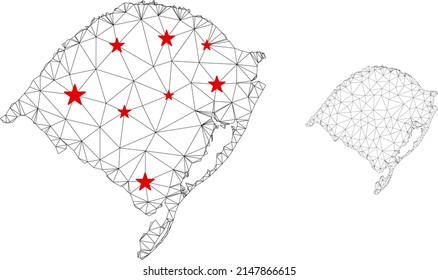 Polygonal mesh Rio Grande do Sul State map with red star centers. Abstract network connected lines and stars form Rio Grande do Sul State map.