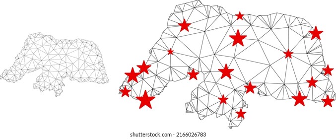 Polygonale Masche Rio Grande do Norte State Karte mit roten Sternen Zentren. Abstraktes Netzwerk verbindet Linien und Sterne von Rio Grande do Norte State Map.