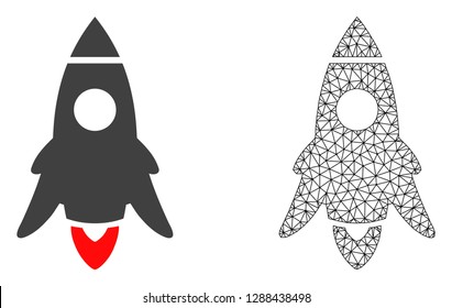 Polygonal mesh rocket start and flat icon are isolated on a white background. Abstract black mesh lines, triangles and nodes forms rocket start icon.