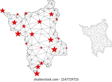 Polygonal mesh Roraima State map with red star centers. Abstract mesh connected lines and stars form Roraima State map. Vector wireframe flat polygonal network in black and red colors.
