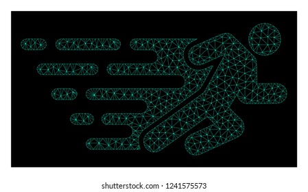 Polygonal mesh running man. Abstract lines, triangles and points combined into running man. Wire frame 2D polygonal line network in vector format on a dark blue background.