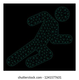 Polygonal mesh running man. Abstract lines, triangles and points combined into running man. Wire frame 2D polygonal line network in vector format on a dark blue background.