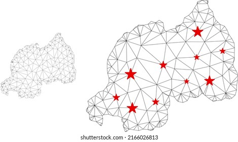 Polygonal mesh Rwanda map with red star centers. Abstract mesh connected lines and stars form Rwanda map. Vector wireframe flat triangular network in black and red colors.