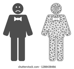 Polygonal mesh sad man and flat icon are isolated on a white background. Abstract black mesh lines, triangles and dots forms sad man icon.