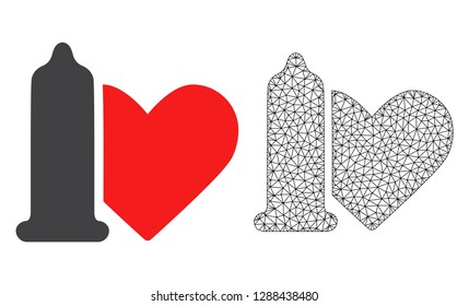 Polygonal mesh safe love and flat icon are isolated on a white background. Abstract black mesh lines, triangles and nodes forms safe love icon.