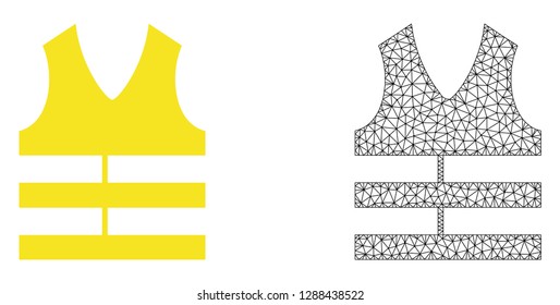 Polygonal mesh safety vest and flat icon are isolated on a white background. Abstract black mesh lines, triangles and nodes forms safety vest icon.