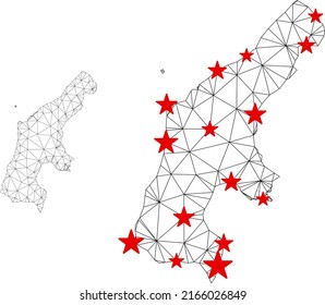 Polygonal mesh Saipan Island map with red star centers. Abstract network connected lines and stars form Saipan Island map. Vector wireframe flat triangular network in black and red colors.