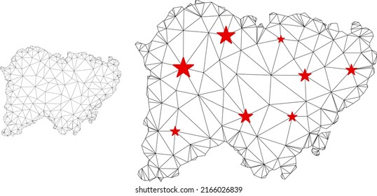 Polygonal mesh Salamanca Province map with red star centers. Abstract mesh connected lines and stars form Salamanca Province map. Vector wireframe 2D polygonal network in black and red colors.