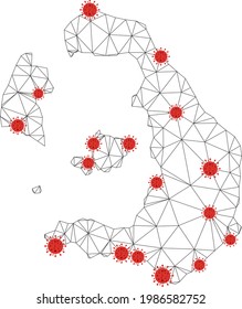 Polygonal mesh Santorini Island map with coronavirus centers. Abstract mesh connected lines and covid viruses on Santorini Island map. Vector wireframe 2D polygonal network in black and red colors.