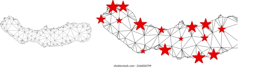 Polygonal mesh Sao Miguel Island map with red star centers. Abstract network connected lines and stars form Sao Miguel Island map. Vector wireframe flat triangular network in black and red colors.